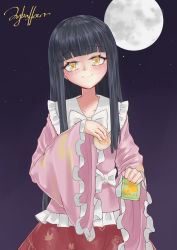 Rule 34 | 1girl, absurdres, black hair, blunt bangs, blush, closed mouth, collarbone, commentary request, dated, frilled sleeves, frills, head tilt, highres, hime cut, houraisan kaguya, japanese clothes, kimono, littiecy, long hair, looking at viewer, moon, night, night sky, pink kimono, signature, sky, smile, snack, solo, star (sky), starry sky, touhou, very long hair, yellow eyes