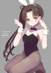 Rule 34 | 1girl, alternate costume, animal ears, ayanami (kancolle), black bow, black bowtie, black leotard, black pantyhose, bow, bowtie, breasts, brown eyes, brown hair, commentary request, dated, detached collar, fake animal ears, full body, grey background, highres, kantai collection, kneeling, leotard, long hair, one-hour drawing challenge, pantyhose, playboy bunny, rabbit ears, rabbit pose, rabbit tail, sashimi0gou, side ponytail, simple background, small breasts, solo, strapless, strapless leotard, tail, wrist cuffs
