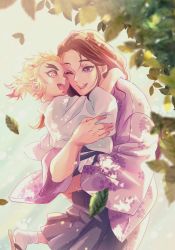 Rule 34 | 1boy, 1girl, aged down, blonde hair, blurry, brown hair, carrying, child, child carry, colored tips, dappled sunlight, day, depth of field, falling leaves, floral print, forked eyebrows, hakama, happy, highres, hug, japanese clothes, kimetsu no yaiba, kimono, leaf, long hair, looking at another, looking away, mother and son, multicolored hair, nature, nyapon, one eye closed, open mouth, outdoors, ponytail, purple kimono, red hair, rengoku kyoujurou, rengoku ruka, sandals, socks, streaked hair, sunlight, white legwear, wind, zouri