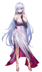 Rule 34 | 1girl, absurdres, arm support, black gloves, blush, bracelet, breasts, closed mouth, commission, dress, dress flower, elbow gloves, gloves, highres, jewelry, lillly, long hair, looking at viewer, medium breasts, original, purple eyes, purple footwear, silver hair, smile, solo, standing, very long hair, white background, white dress