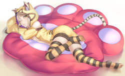 Rule 34 | 1girl, animal ears, bare shoulders, blonde hair, blush, breasts, cat ears, cat tail, center opening, closed mouth, full body, green eyes, hair between eyes, highres, hood, hoodie, jikeshi, looking at viewer, lying, naked hoodie, no shoes, on side, one eye closed, original, pillow, short hair, simple background, small breasts, solo, striped clothes, striped thighhighs, tail, thighhighs