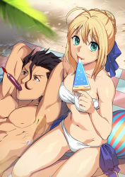 Rule 34 | 1boy, 1girl, :p, ahoge, arm support, armpits, arms behind head, arms up, artoria pendragon (all), artoria pendragon (fate), bad id, bad pixiv id, ball, bandeau, bare legs, bare shoulders, beach, beachball, bikini, blonde hair, bow, breasts, cleavage, diarmuid ua duibhne (lancer) (fate), fate/zero, fate (series), food, fukurou tei, green eyes, hair between eyes, hair bow, highres, lens flare, looking at viewer, lying, medium breasts, mole, mole under eye, mouth hold, muscular, navel, official alternate costume, on back, popsicle, saber (fate), sand, short hair, sitting, smile, striped, swimsuit, tongue, tongue out, white bikini, yokozuwari