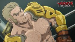 Rule 34 | 10s, 1boy, abs, blonde hair, boxing ring, chest hair, dutch angle, glen burroughs, highres, konohanaya, large pectorals, logo, looking at viewer, male focus, megalo box, nipples, pectorals, sideburns, signature, solo, sweat