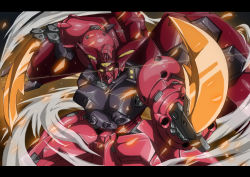 Rule 34 | dual wielding, embers, glowing, glowing eyes, gundam, gundam build divers, gundam gp-rasetsu, holding, holding sword, holding weapon, letterboxed, mecha, mobile suit, nakam0, no humans, robot, science fiction, smoke, solo, sword, weapon, yellow eyes