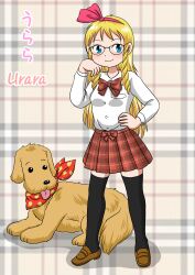 Rule 34 | 1girl, absurdres, animal, bandana, black thighhighs, blonde hair, blue eyes, blush, bow, bowtie, breast pocket, breasts, brown footwear, dog, glasses, grey background, hairband, hand on own hip, highres, long hair, long sleeves, looking at viewer, marup, plaid, plaid background, plaid bow, plaid bowtie, plaid skirt, pocket, red bandana, red bow, red bowtie, red skirt, ringlets, school uniform, shirt, skirt, small breasts, smile, standing, thighhighs, urara (marup), white shirt