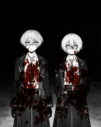 Rule 34 | 1boy, 1girl, arms behind back, bare shoulders, binsusoda, blood, blood on clothes, blood on face, closed mouth, coat, collared shirt, darkness, don quixote (project moon), gloves, greyscale, hair between eyes, high-waist pants, highres, limbus company, looking at viewer, monochrome, necktie, pants, parted lips, project moon, second-party source, shirt, sinclair (project moon), smile, spot color, standing