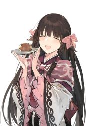Rule 34 | 10s, 1girl, ^ ^, black hair, blunt bangs, blush, bow, braid, brown hair, closed eyes, duoyuanjun, eyebrows, food, food request, hair bow, hair tubes, happy, highres, holding, holding plate, japanese clothes, long hair, long sleeves, open mouth, plate, rulutieh, shawl, side braid, simple background, smile, solo, twin braids, two side up, upper body, utawarerumono, utawarerumono: itsuwari no kamen, white background, wide sleeves