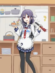 Rule 34 | 10s, 1girl, ahoge, ammunition, apron, blush, cheese, dabozero, food, holding, indoors, kantai collection, kitchen, long sleeves, looking at viewer, necktie, open mouth, pantyhose, plate, pot, purple hair, red eyes, red necktie, refrigerator, round teeth, sailor collar, school uniform, serafuku, solo, standing, steam, taigei (kancolle), teeth, torpedo, twintails