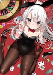 Rule 34 | 1girl, ahoge, animal ears, artist name, bare shoulders, black eyes, black leotard, black pantyhose, blush, bow, bowtie, card, closed mouth, commentary request, covered navel, dated, detached collar, fake animal ears, full body, hairband, high heels, highres, horns, king (playing card), king of hearts (playing card), leotard, long hair, looking at viewer, money, original, pantyhose, playboy bunny, playing card, poker chip, red bow, red bowtie, roulette table, shoes, unworn shoes, sitting, solo, strapless, strapless leotard, table, thighband pantyhose, umino hotate, wariza, white hair, wrist cuffs