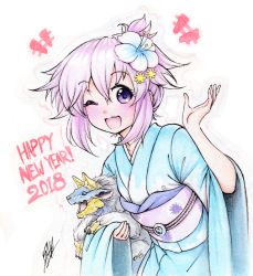 Rule 34 | 1girl, 2018, absurdres, alternate costume, alternate hairstyle, animal, crossover, flower, hair flower, hair ornament, happy new year, highres, holding, holding animal, huge filesize, isaki tanaka, japanese clothes, kimono, looking at viewer, monster hunter (series), neptune (neptunia), neptune (series), new year, one eye closed, open mouth, purple eyes, purple hair, sash, short hair, signature, smile, traditional media
