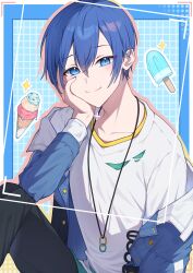 Rule 34 | 1boy, absurdres, black pants, blue eyes, blue hair, blue nails, collarbone, food, hair between eyes, hand on own face, highres, ice cream, ice cream cone, jacket, jewelry, kaito (vocaloid), knee up, looking at viewer, male focus, necklace, open clothes, open jacket, pants, popsicle, project sekai, short hair, sitting, smile, solo, upper body, viewfinder, vocaloid, yamggu