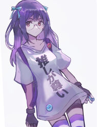 1girl aqua_ribbon black_gloves brown_eyes collarbone commentary_request glasses gloves grey_background hair_ribbon long_hair long_shirt looking_at_viewer miichinori purple_hair ribbon round_eyewear shin_subarashiki_kono_sekai shirt short_sleeves simple_background solo subarashiki_kono_sekai usui_nagi white_shirt