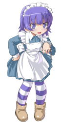 Rule 34 | 1girl, apron, bad id, bad pixiv id, boots, crazy eyes, cuffs, dd (ijigendd), full body, futaba channel, hand on own hip, handcuffs, maid, maid apron, maid headdress, nijiura maids, open mouth, pantyhose, purple eyes, purple hair, short hair, simple background, smile, solo, striped clothes, striped pantyhose, yakui