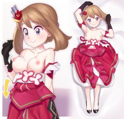 Rule 34 | 1girl, arm up, arrow (symbol), black footwear, black gloves, blush, breasts, brown hair, closed mouth, clothes pull, collarbone, commentary request, creatures (company), dress, dress pull, eyelashes, flower, game freak, gazing eye, gloves, grey eyes, hair flower, hair ornament, hand up, highres, looking down, may (anniversary 2022) (pokemon), may (pokemon), multiple views, nintendo, nipples, official alternate costume, pokemon, pokemon masters ex, red flower, shoes, smile, sweatdrop