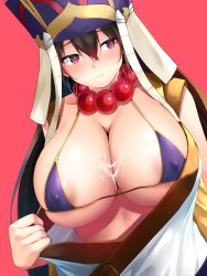Rule 34 | 1girl, absurdres, areola slip, bead necklace, beads, bikini, blush, breasts, brown hair, closed mouth, collarbone, covered erect nipples, cum, cum on body, cum on breasts, cum on upper body, dutch angle, earrings, fate/grand order, fate (series), hair between eyes, hat, highres, hoop earrings, huge breasts, jewelry, looking to the side, micro bikini, necklace, no bra, oekakizuki, purple bikini, purple eyes, red background, ringed eyes, simple background, solo, swimsuit, undressing, upper body, xuangzang sanzang (fate)