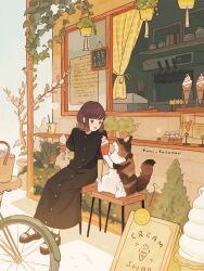 Rule 34 | 1girl, :o, bag, basket, bicycle, black dress, black footwear, blunt bangs, blush, bob cut, bottle, brown hair, bush, calico, cat, cup, curtains, dot nose, dress, drinking straw, english text, flower, food, fumi futamori, hanging plant, highres, holding, holding ice cream cone, ice cream, ice cream bar, ice cream cone, jar, long dress, looking at animal, no socks, open mouth, original, outdoors, plaid curtains, plant, platform footwear, potted plant, red flower, sandals, short hair, short sleeves, sidelocks, sitting, solo, stool, storefront, tail raised, vines, white background