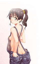 Rule 34 | 1girl, ass, back, breasts, brown hair, butt crack, from behind, gradient background, grey eyes, hair tie, kesuida, looking at viewer, looking back, naked overalls, nipples, no bra, original, overalls, pink background, ponytail, short hair, simple background, small breasts, smile, solo