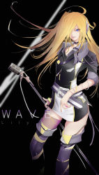 Rule 34 | 1girl, absurdres, belt collar, black background, black shirt, blonde hair, blue eyes, bracelet, character name, collar, commentary, grin, hair over one eye, headphones, highres, jewelry, lily (vocaloid), lips, long hair, microphone, microphone stand, miniskirt, one eye covered, pyslznqo1i9irqg, ring, shirt, skirt, smile, solo, thighhighs, two-tone shirt, two-tone skirt, very long hair, vocaloid