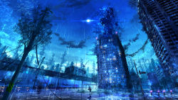 Rule 34 | blue theme, branch, bridge, building, city, crosswalk, highres, lamppost, light, night, night sky, non-humanoid robot, original, railing, road, robot, scenery, science fiction, sky, star (sky), starry sky, street, tree, wabema
