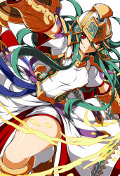 Rule 34 | 1girl, armor, athena (p&amp;d), breastplate, dress, green hair, helmet, highres, leg up, long hair, miyabi (miura105), pauldrons, puzzle &amp; dragons, red eyes, sandals, shoulder armor, simple background, smile, solo, vambraces, white background, white dress