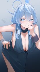 Rule 34 | 1girl, absurdres, ako (blue archive), ako (dress) (blue archive), blue archive, blue eyes, blue hair, blue halo, blush, breasts, cleavage, cuffs, dress, earrings, feet out of frame, gradient background, hair between eyes, halo, handcuffs, highres, jewelry, large breasts, leaning forward, looking at viewer, official alternate costume, open mouth, rorirori (rorirori45), sleeveless, sleeveless dress, smile, solo