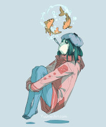 Rule 34 | 1girl, black eyes, black hair, blue background, blue legwear, coat, commentary, english commentary, fish, high collar, highres, hugging own legs, ice pack, long hair, looking up, mouth hold, original, overcoat, pantyhose, sick, simple background, sketch, solo, thermometer, watermark, web address, yuumei