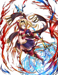 Rule 34 | 10s, 1girl, armor, arms behind back, belt, bikini armor, blonde hair, blue eyes, braid, breasts, cleavage, cleavage cutout, clothing cutout, fire, gloves, granblue fantasy, hair intakes, hairband, holding, holding weapon, long hair, magic circle, navel, polearm, red armor, showgirl skirt, simple background, solo, spear, standing, twintails, vellark, weapon, white background, yellow gloves, zeta (granblue fantasy)