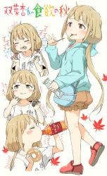Rule 34 | 1girl, arm up, autumn leaves, bag, blue hoodie, blush, bottle, brown eyes, brown shorts, candy, closed mouth, collarbone, commentary request, doughnut, drinking, drooling, english text, food, futaba anzu, gomennasai, holding, holding bottle, holding food, hood, hood down, hoodie, idolmaster, idolmaster cinderella girls, leaf, licking lips, light brown hair, long hair, low twintails, maple leaf, multiple views, ohagi (food), parted lips, pocky, profile, puffy shorts, red footwear, saliva, shirt, shoes, short shorts, short sleeves, shorts, shoulder bag, simple background, smile, standing, standing on one leg, tongue, tongue out, translation request, twintails, very long hair, white background, white shirt, you work you lose