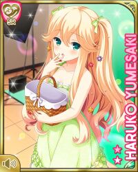 Rule 34 | 1girl, :o, alternate hairstyle, barefoot sandals (jewelry), blonde hair, bow, card (medium), character name, day, dress, frilled dress, frills, girlfriend (kari), green bow, green dress, green eyes, indoors, long hair, official art, open mouth, qp:flapper, standing, tagme, two side up, yumesaki haruko