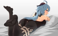 Rule 34 | 1girl, 4tb (4tera byte), ahoge, ass, back, backless outfit, bed, black legwear, black leotard, blue hair, blush, bodystocking, bodysuit, bow, breasts, from behind, ganyu (genshin impact), genshin impact, highres, horns, leotard, leotard under clothes, long hair, looking at viewer, looking back, low ponytail, lying, medium breasts, no gloves, on stomach, open mouth, pillow, purple eyes, smile, solo, thighlet, thighs