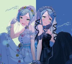 Rule 34 | 2girls, :d, absurdres, aqua hair, arm at side, arm ribbon, back-to-back, bang dream!, bare shoulders, black collar, black dress, black gloves, blue background, blue flower, blue rose, blush, braid, braided bangs, breasts, bridal veil, character name, collar, commentary, dated, dress, earrings, feet out of frame, floral print, flower, flower earrings, frilled dress, frills, from side, gem, gloves, green background, green eyes, hair flower, hair ornament, hand on own chin, hand up, happy birthday, highres, hikawa hina, hikawa sayo, holding, holding hair, jewelry, light particles, long dress, long hair, looking at viewer, looking to the side, medium breasts, multiple girls, necklace, nobusawa osamu, official alternate costume, official alternate hairstyle, open mouth, parted lips, pearl (gemstone), pendant, pink flower, pink rose, print dress, ribbon, rose, see-through, short hair, siblings, sidelocks, single braid, sisters, sitting, sleeveless, sleeveless dress, smile, strapless, strapless dress, stud earrings, swept bangs, tiara, twins, two-tone background, veil, wedding dress, white dress, white flower, white gloves, white ribbon, white rose, yellow flower