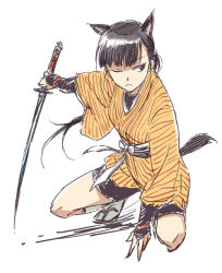 Rule 34 | 1girl, agahari, animal ears, black hair, blunt bangs, extra ears, one eye closed, ponytail, sakamoto mio, sandals, sketch, solo, squatting, strike witches, sword, tail, weapon, wink, world witches series