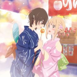 Rule 34 | 10s, 2girls, :o, alternate hairstyle, asagao to kase-san, blonde hair, blue kimono, blush, brown hair, candy apple, dragonfly print, flower, food, food stand, hair flower, hair ornament, hairclip, hand fan, hand grab, holding hands, japanese clothes, kase tomoka, kimono, looking at another, low ponytail, moon rabbit, multiple girls, official art, open mouth, pink kimono, short hair, sidelocks, surprised, tongue, tongue out, yamada yui, yellow eyes, yukata, yuri