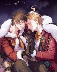 Rule 34 | 2boys, black gloves, black pants, blonde hair, blush, bpadult, brown eyes, brown gloves, brown hair, cape, christmas, closed eyes, earrings, fur-trimmed cape, fur trim, gloves, gran (granblue fantasy), granblue fantasy, green vest, hat, highres, holding hands, jacket, jewelry, looking at viewer, male focus, multiple boys, necktie, official alternate costume, open mouth, pants, red cape, red jacket, santa hat, seofon (granblue fantasy), seofon (perfect santa suit) (granblue fantasy), shirt, short hair, smile, teeth, vest, white shirt, yaoi