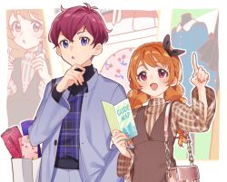 1boy 1girl :d aikatsu! aikatsu!_(series) bag black_bow booota bow braid brown_shirt dot_nose hair_bow hand_on_own_chin hand_up holding holding_map index_finger_raised jacket map multiple_views open_clothes open_jacket open_mouth orange_hair ozora_akari pink_nails plaid_clothes plaid_shirt pointing purple_eyes purple_jacket purple_shirt red_eyes red_hair sena_tsubasa shirt short_hair shoulder_bag smile striped_clothes striped_shirt twin_braids vertical-striped_clothes vertical-striped_shirt