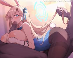 Rule 34 | 1girl, 2boys, animal ears, animated, animated gif, asuna (blue archive), asuna (bunny) (blue archive), blonde hair, blue archive, blue bow, blue bowtie, blue eyes, blue leotard, blue ribbon, blush, bow, bowtie, breasts, brown pantyhose, dark-skinned male, dark skin, detached collar, fake animal ears, gloves, hair ribbon, halo, holding another&#039;s hair, huge breasts, interracial, leotard, leotard pull, long hair, multiple boys, nipples, open mouth, paizuri, pantyhose, penis, playboy bunny, rabbit ears, rabbit tail, ribbon, sex, sex from behind, tail, thighband pantyhose, uncensored, very long hair, waero, white gloves
