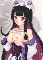 Rule 34 | 1girl, akechi mitsuhide (sengoku collection), bell, black hair, blush, bow, braid, breast hold, breasts, clothes lift, dress, hair bell, hair bow, hair ornament, highres, jingle bell, large breasts, light smile, long hair, looking at viewer, multicolored hair, nanikairu, nipples, off shoulder, purple eyes, purple hair, sengoku collection, shirt lift, skindentation, solo, twin braids, two-tone hair, wide sleeves