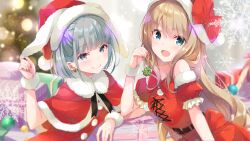 Rule 34 | 2girls, bare shoulders, belt, blonde hair, blush, closed mouth, fran (idoly pride), green eyes, green hair, grey eyes, hat, highres, holding, idoly pride, kana (idoly pride), leaning on object, long hair, looking at viewer, multiple girls, official art, open mouth, ribbon, santa costume, santa hat, scarf, short hair, sidelocks, sleeveless