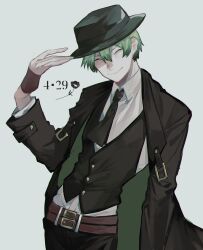Rule 34 | 1boy, ascot, bad hands, belt, black ascot, black coat, black hat, black vest, blazblue, closed eyes, coat, coat on shoulders, collared shirt, commentary request, dated, fedora, green hair, grey background, hat, hazama, highres, looking at viewer, male focus, shirt, short hair, simple background, smile, solo, vest, white shirt, yukinohito (koutyanomitai)