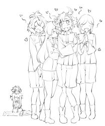 Rule 34 | 1boy, 4girls, :d, blush, closed eyes, commentary request, crossed arms, crying, faceless, faceless female, felsi rollo, greyscale, guel jeturk, gundam, gundam suisei no majo, hairband, heart, hisakawa chin, lineart, long hair, miorine rembran, monochrome, multiple girls, necktie, no eyes, open mouth, own hands clasped, own hands together, petra itta, school uniform, short hair, short necktie, shorts, smile, suletta mercury, sweat, thick eyebrows, yuri