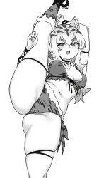 Rule 34 | 1girl, animal ears, arms up, blush, breasts, cleavage, greyscale, highres, houtengeki, kneehighs, leg up, medium breasts, monochrome, navel, open mouth, original, socks, solo, split, standing, standing on one leg, standing split, thigh strap, thighs, tiger ears, white background
