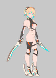 Rule 34 | 1girl, arms at sides, bare shoulders, black gloves, blonde hair, blue eyes, breasts, closed mouth, contrapposto, dual wielding, elbow gloves, energy sword, enkyo yuuichirou, from side, full body, girl with hoodie (enkyo yuuichirou), gloves, grey background, half gloves, headphones, high heels, highleg, highleg leotard, highres, holding, holding sword, holding weapon, knee pads, leotard, looking at viewer, looking to the side, medium breasts, multicolored hair, navel, original, revealing clothes, short hair, simple background, smile, solo, streaked hair, sword, underboob, variant set, weapon