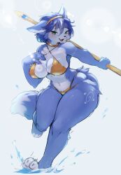 Rule 34 | 1girl, :3, absurdres, animal ears, animal feet, animal nose, arm tattoo, artist name, bare shoulders, barefoot, bikini, blue background, blue fur, blue gemstone, blue hair, blue theme, blush, body fur, breasts, claws, cleavage, dated, female focus, fox ears, fox girl, fox tail, furry, furry female, gem, gold bikini, green eyes, hairband, half-closed eyes, hand on own chest, hand up, happy, highres, holding, holding polearm, holding weapon, ingi, jewelry, knees together feet apart, krystal, large breasts, leg tattoo, leg up, legs, lens flare, looking at viewer, multi-strapped bikini, navel, neck ring, nintendo, open mouth, outstretched arm, polearm, sharp teeth, short hair, signature, simple background, sketch, skindentation, smile, snout, solo, splashing, standing, standing on one leg, star fox, stomach, swimsuit, tail, tattoo, teeth, thick thighs, thighs, two-tone fur, water, weapon, white fur, wide hips, yellow hairband