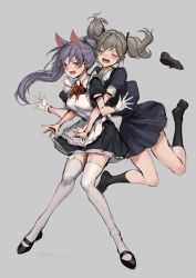 Rule 34 | 2girls, absurdres, animal ears, bare legs, blush, borrowed character, breasts, dress, closed eyes, garter straps, gloves, grey hair, hair between eyes, hair tie, happy, highres, hug, hug from behind, jumping, legs, light purple hair, lm7 (op-center), long hair, maid, medium breasts, multiple girls, open hands, open mouth, original, ponytail, ribbon, shoe loss, unworn shoe, shoes, unworn shoes, simple background, skirt, smile, thighhighs, twintails