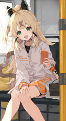 Rule 34 | 1girl, alternate costume, animal ears, black shirt, cat ears, cat girl, cat tail, cellphone, collar, dress shirt, genshin impact, green eyes, hand on own knee, highres, holding, holding phone, kirara (genshin impact), light brown hair, long hair, long sleeves, looking at viewer, motto (night wear), multiple tails, nekomata, open mouth, outdoors, phone, shirt, sitting, smartphone, smile, solo, tail, white collar