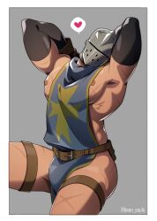 Rule 34 | 1boy, absurdres, armpits, arms behind head, bara, bean souls, cowboy shot, crusader (darkest dungeon), darkest dungeon, head tilt, heart, helmet, highres, large pectorals, leather, male focus, muscular, muscular male, nipples, no male underwear, pectorals, pelvic curtain, sidepec, solo, spoken heart, spread legs, thick thighs, thighs