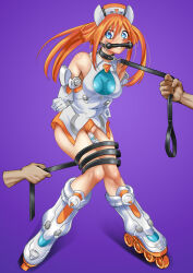 Rule 34 | 1girl, albyee, arms behind back, bare shoulders, bdsm, blue eyes, blush, bondage, bound, breasts, collar, commission, dildo, gag, hair between eyes, hat, leash, long hair, looking at viewer, medium breasts, neptune (series), object insertion, orange hair, orange heart (neptunia), power symbol, power symbol-shaped pupils, purple background, restrained, sex toy, shin jigen game neptune vii, simple background, slave, sleeveless, solo, symbol-shaped pupils, twintails, vaginal, vaginal object insertion