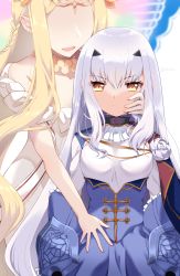 Rule 34 | 2girls, aurora (fate), bare shoulders, blonde hair, blue cape, blue dress, braid, breasts, brown eyes, cape, circlet, dress, faceless, faceless female, fairy, melusine (fate), melusine (second ascension) (fate), fairy wings, fate/grand order, fate (series), flower, forked eyebrows, frills, highres, ichi kq, jewelry, long hair, long sleeves, looking at viewer, multiple girls, necklace, open mouth, parted bangs, pointy ears, sidelocks, small breasts, smile, very long hair, weapon, white dress, white hair, wings