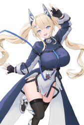 Rule 34 | 1girl, azur lane, black gloves, black thighhighs, blonde hair, blue eyes, breasts, commentary, facial mark, fingerless gloves, gloves, gradient eyes, guam (azur lane), headgear, heart, heart facial mark, herfstijl, highres, huge breasts, long hair, long sleeves, looking at viewer, multicolored eyes, pelvic curtain, simple background, solo, star-shaped pupils, star (symbol), symbol-shaped pupils, thighhighs, twintails, very long hair, white background