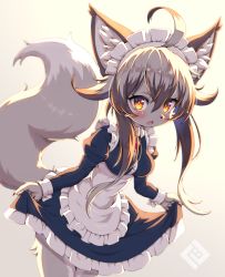 Rule 34 | 1girl, ahoge, animal ear fluff, animal ears, backlighting, body fur, brown eyes, curtsey, dress, female focus, fox ears, fox tail, frills, furry, furry female, gradient background, grey hair, highres, low twintails, maid, maid headdress, open mouth, original, solo, tail, tsuji, twintails